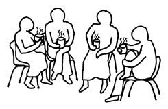 Line drawing of a group of people having a meeting
