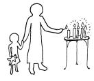 a line drawing of a parent and child lighting a candle, perhaps in memory of someone special