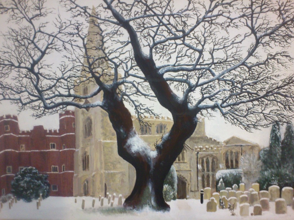 a painting of St Mary's Church Buckden Cambridgeshire in the snow