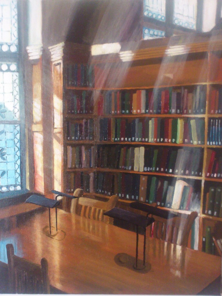 a painting of a library in Pembroke College Cambridge with sun coming through the windows