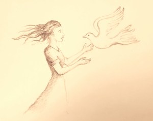 line drawing of Mary and the Holy Spirit as a dove