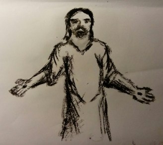 charcoal sketch of Jesus with arms outstretched saying 'Peace be with you'.