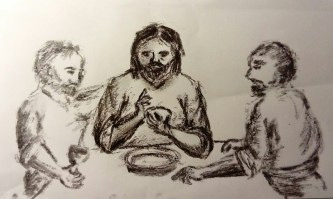 Charcoal sketch of Jesus breaking bread at Emmaus