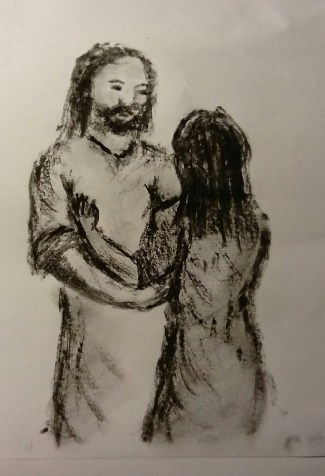 Jesus and Mary in the garden on Easter morning, drawn in charcoal