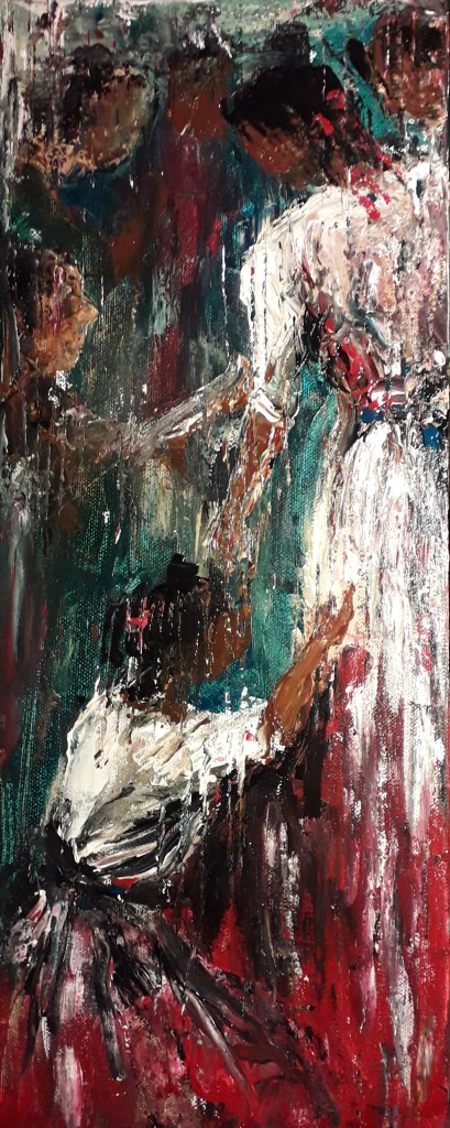 semi abstract paintings of a woman reaching up and Jesus reaching down. The colours are black, brown, white, turquoise and red.