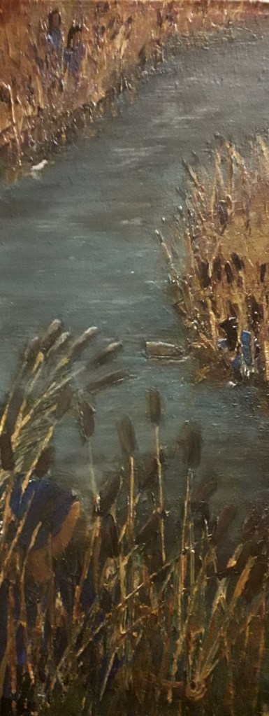 a painting of a river surrounded by bullrushes, with four women in blue barely visible - they are Moses' mother and sister, and Pharoah's daughter and her servant