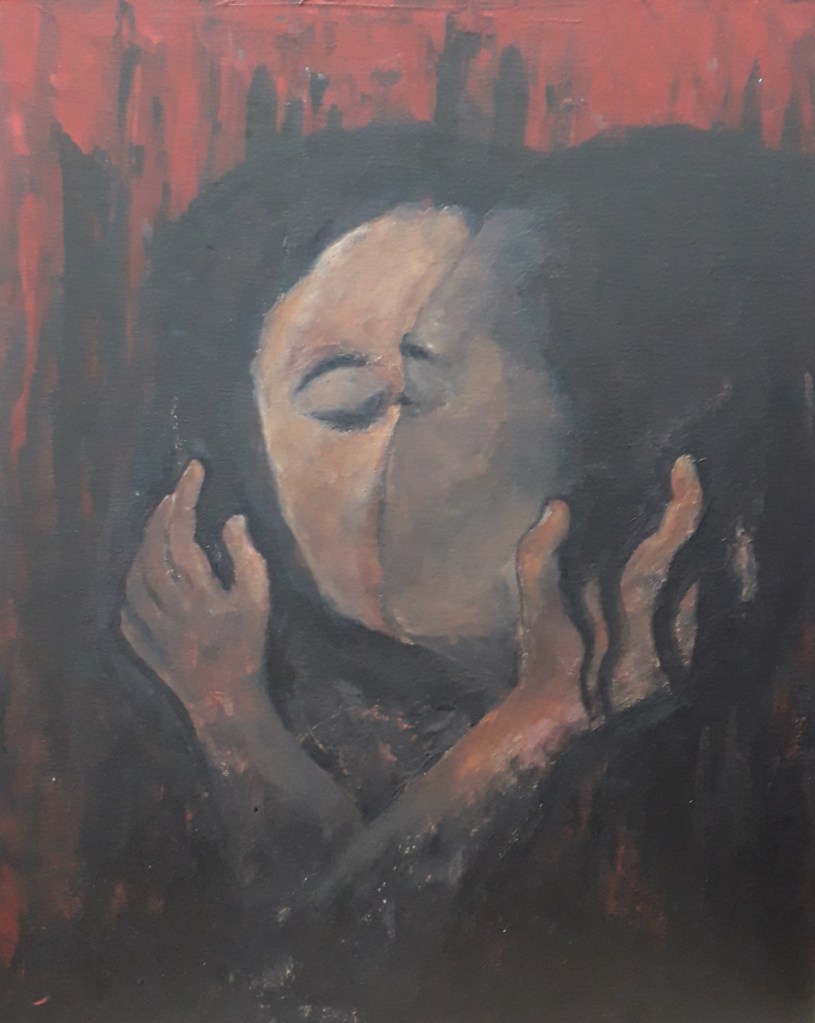 A painting of two women kissing against an abstract red background