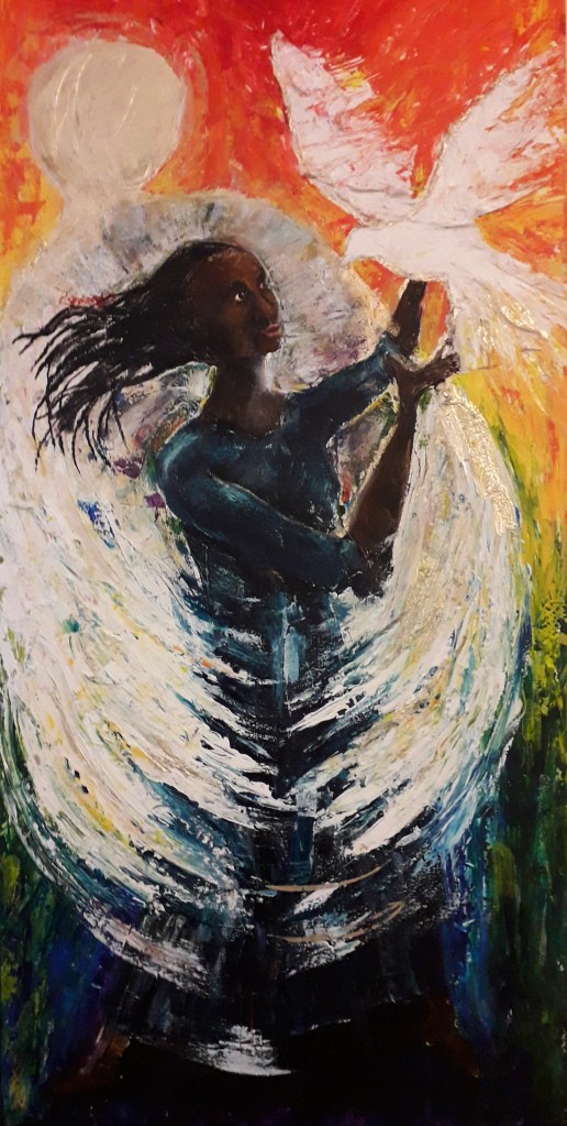 a painting of an angel embracing Mary, who is reaching out to a dove. It's a depiction of the annunciation. Mary is black.