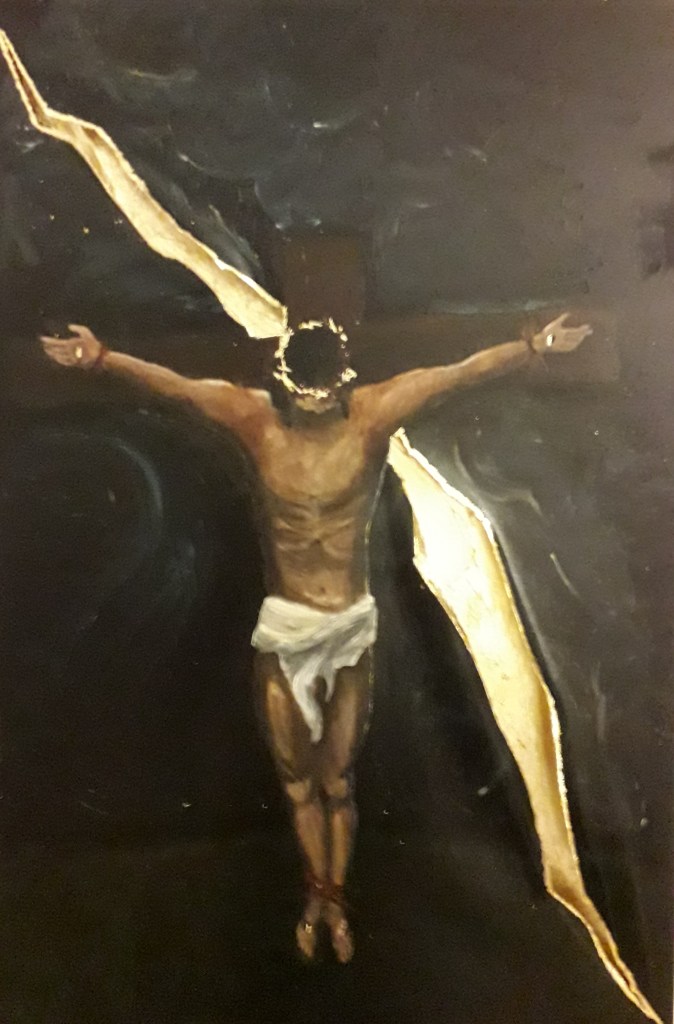 a painting of the crucifixion, with a tear in the canvas behind him, lined with gold leaf