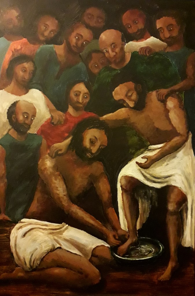 A painting of Jesus washing Peter's feet with all the other disciples crowding around