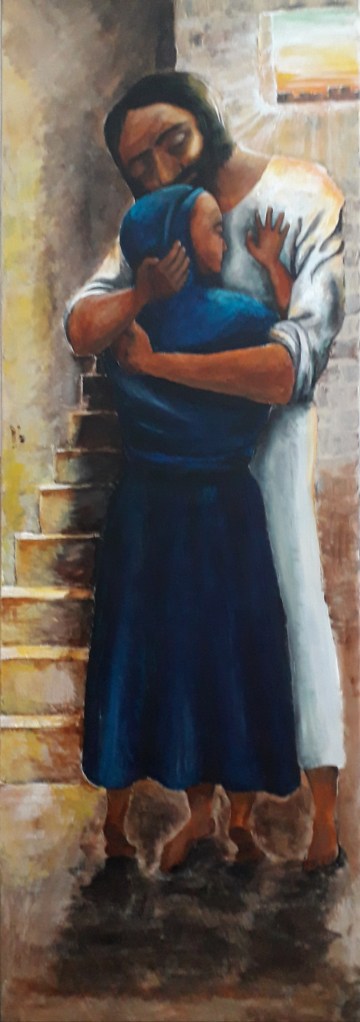 a picture of Jesus and Mary his mother embracing on the morning of the resurrection