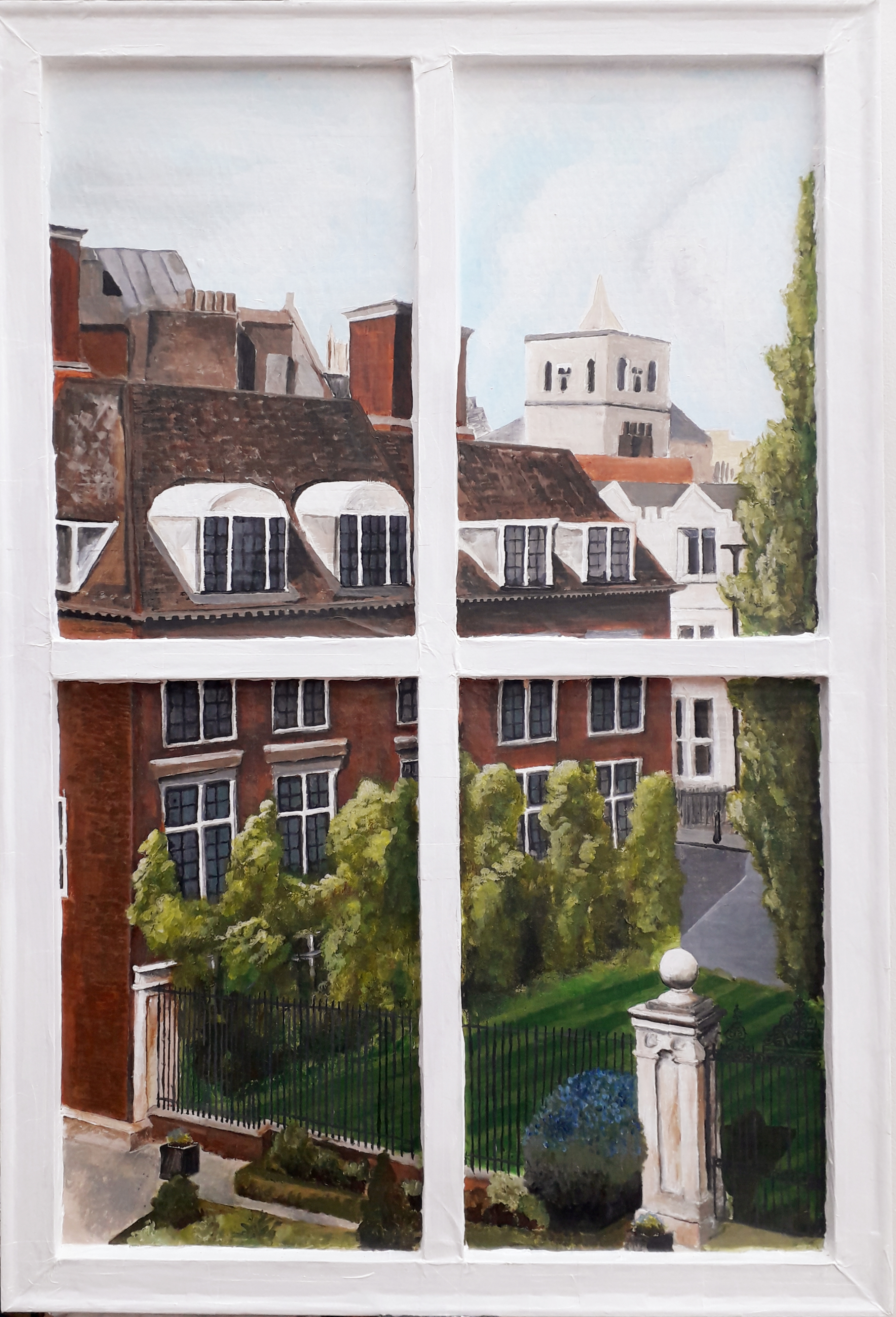a painting of Hobson's buidling, St Catharine's, in a window frame