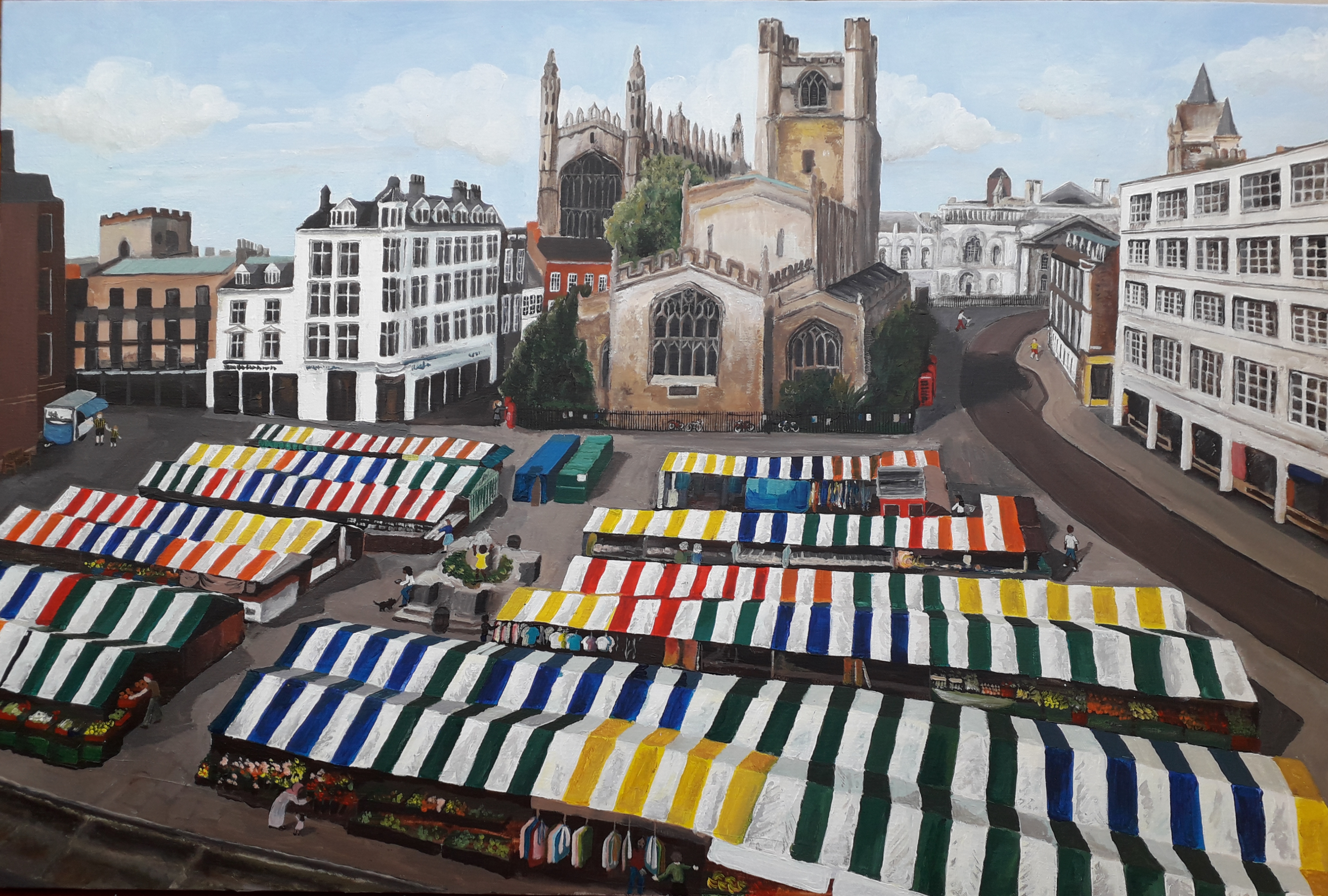 A painting of Great St Mary's Church, Cambridge, and the market place