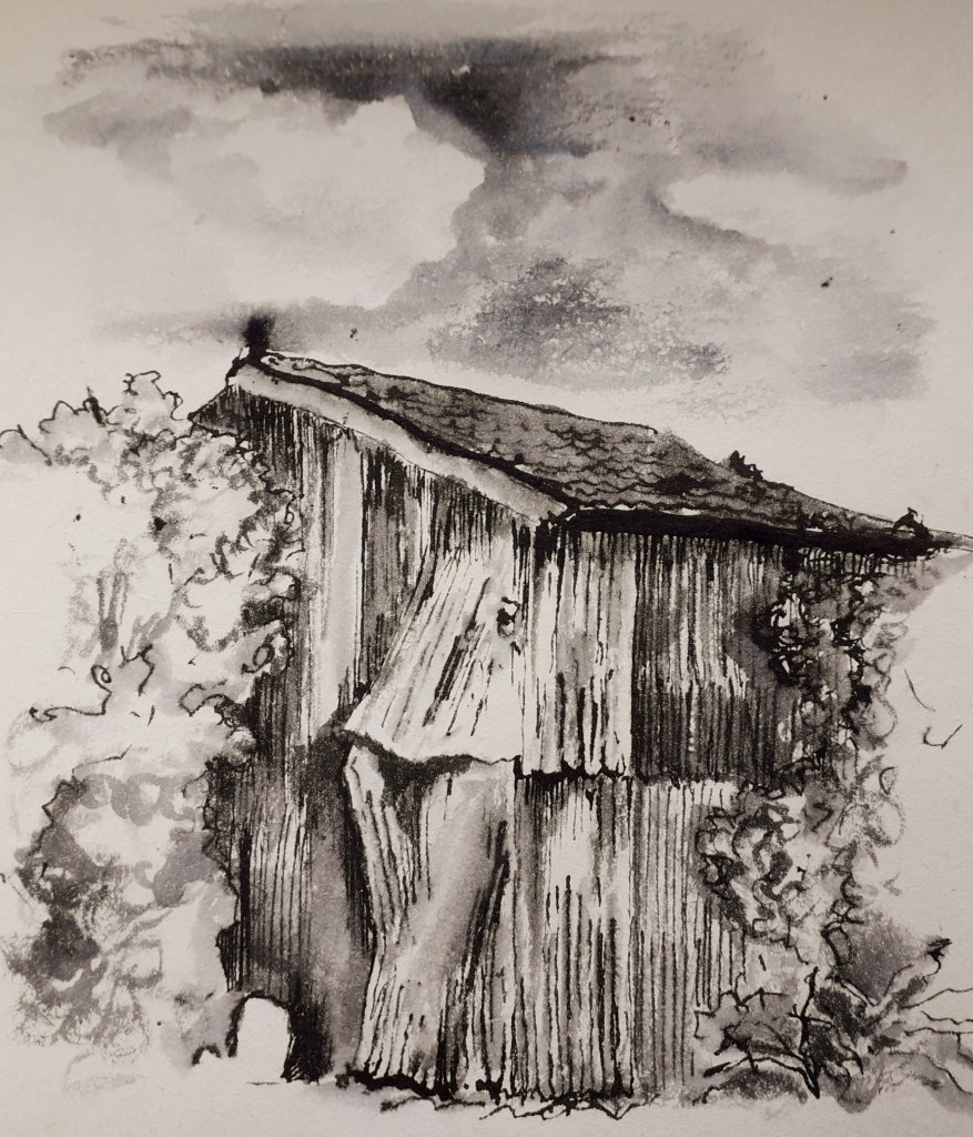 A pen and ink drawing of a shed