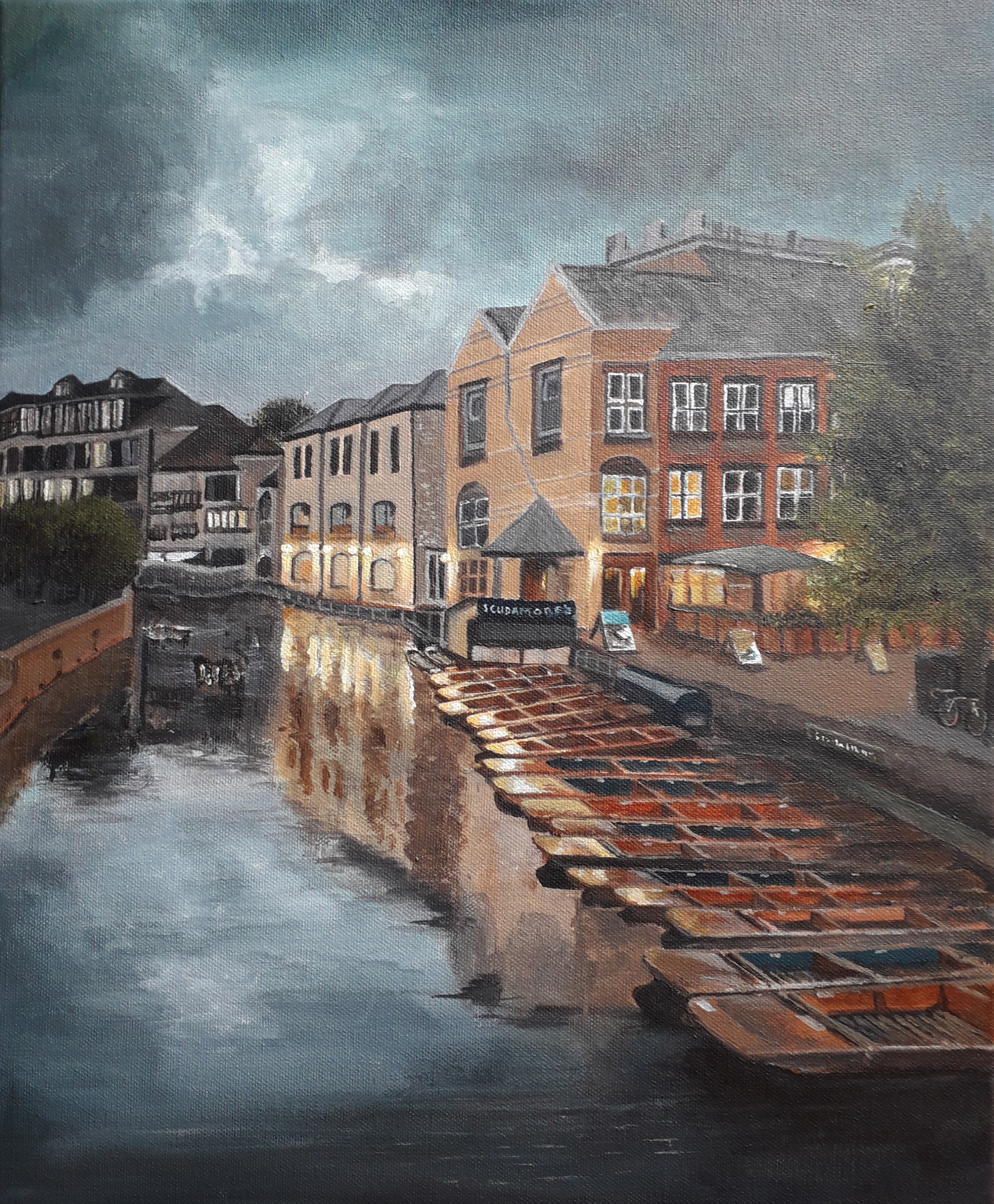 A painting of Scudamore's boat yard on the river Cam in Cambridge