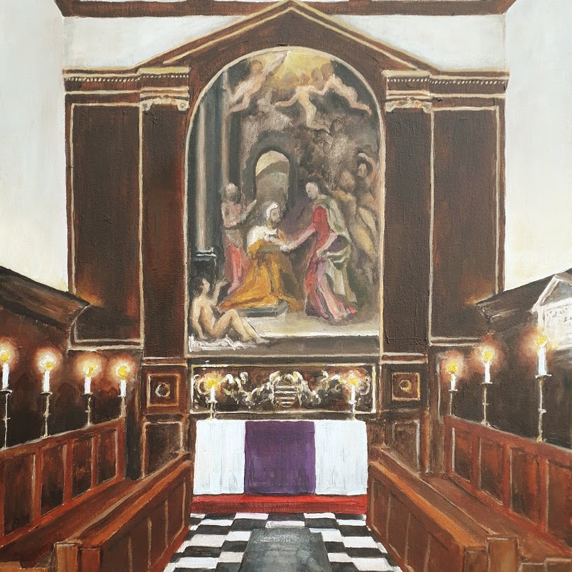 a painting of the East end of the interior of Trinity Hall Chapel, Cambridge