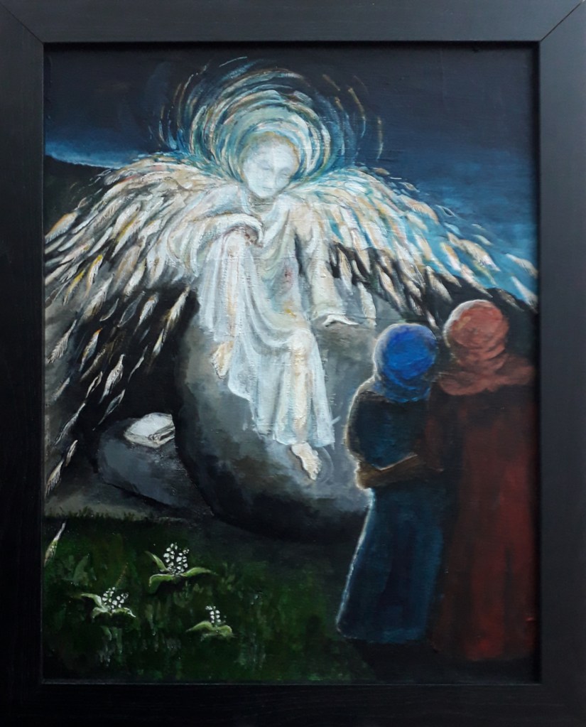 A painting of the two Marys and the Angel on Easter morning when it is still dark