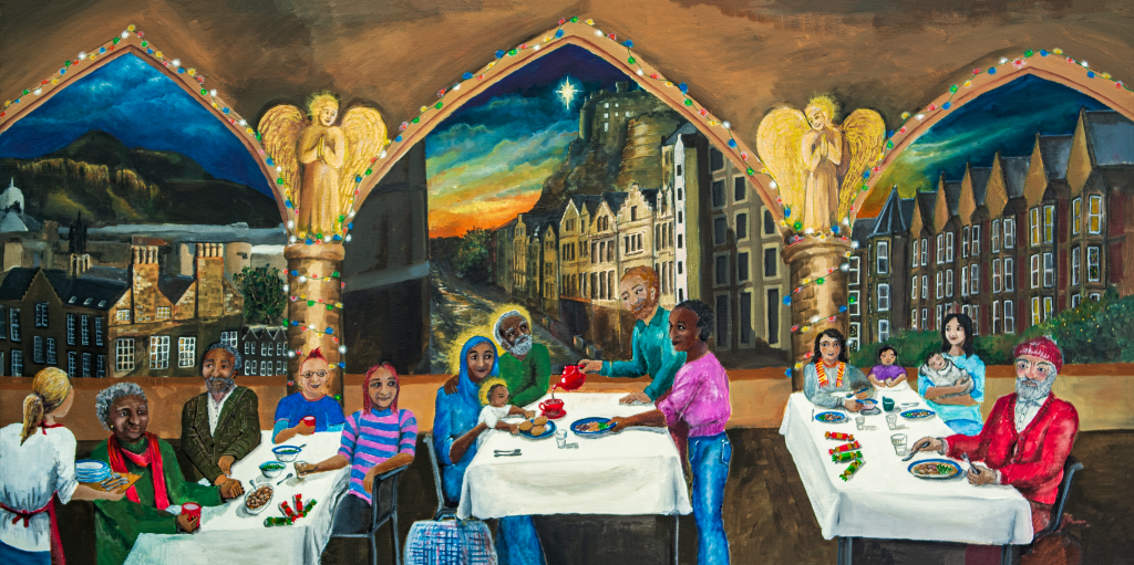 a painting of a meal at Soul Food in Edinburgh, for their Christmas card
