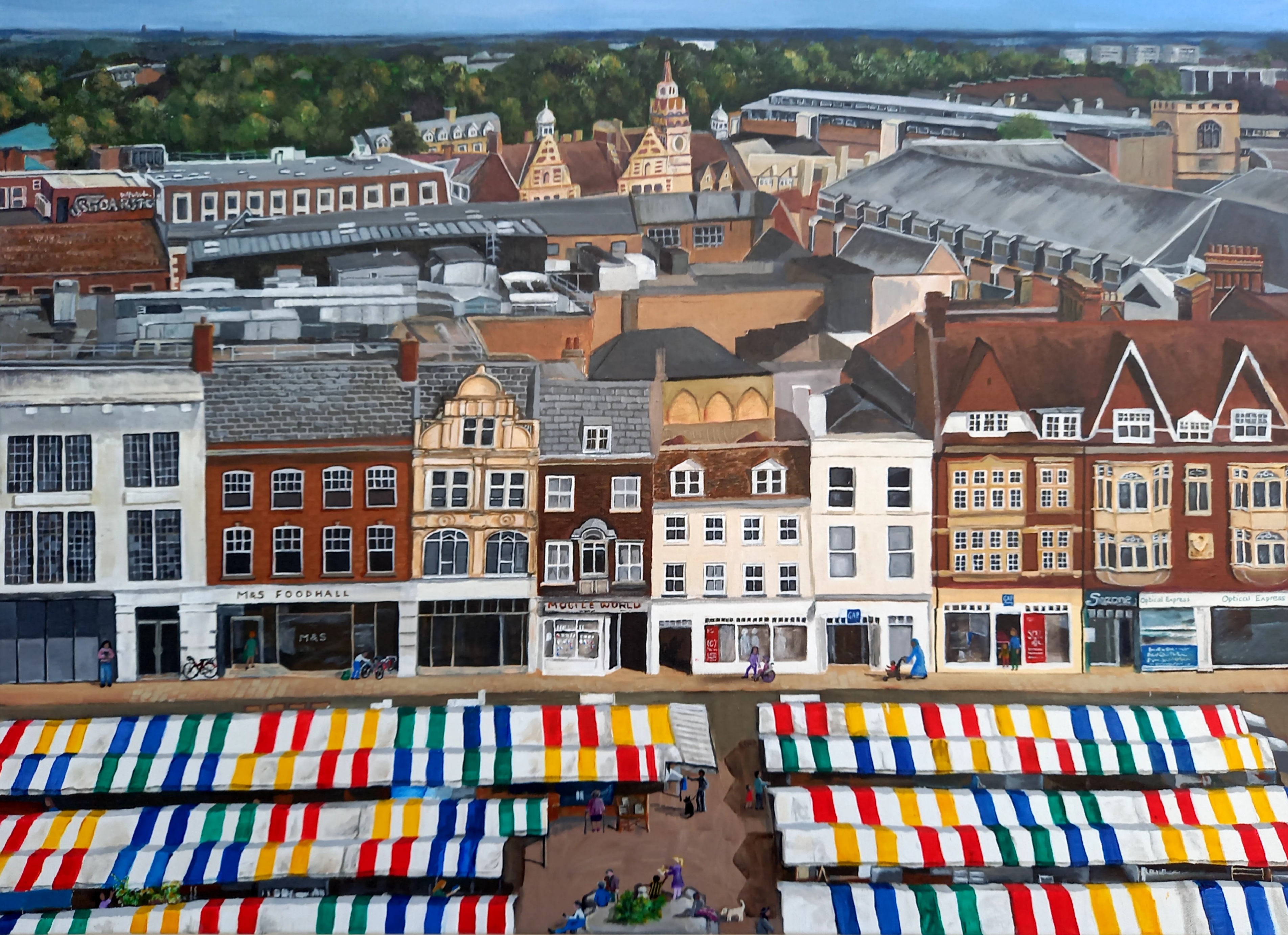 A painting of Cambridge market place, from the tower of Great St Mary's Church