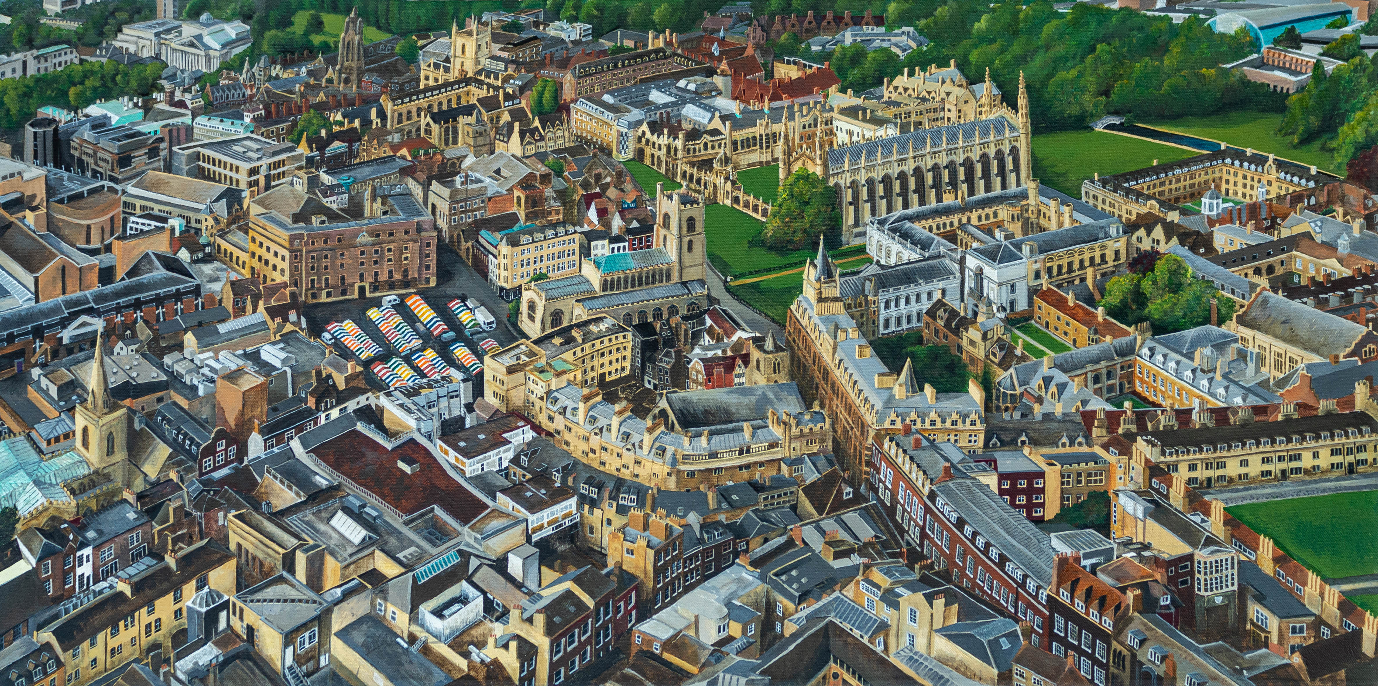painting of an aerial view of Cambridge
